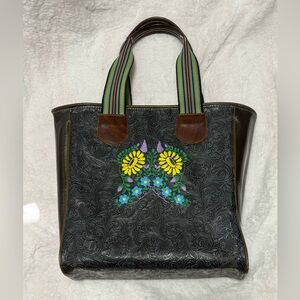 Consuela Floral Embossed Tooled Black Tote Bag